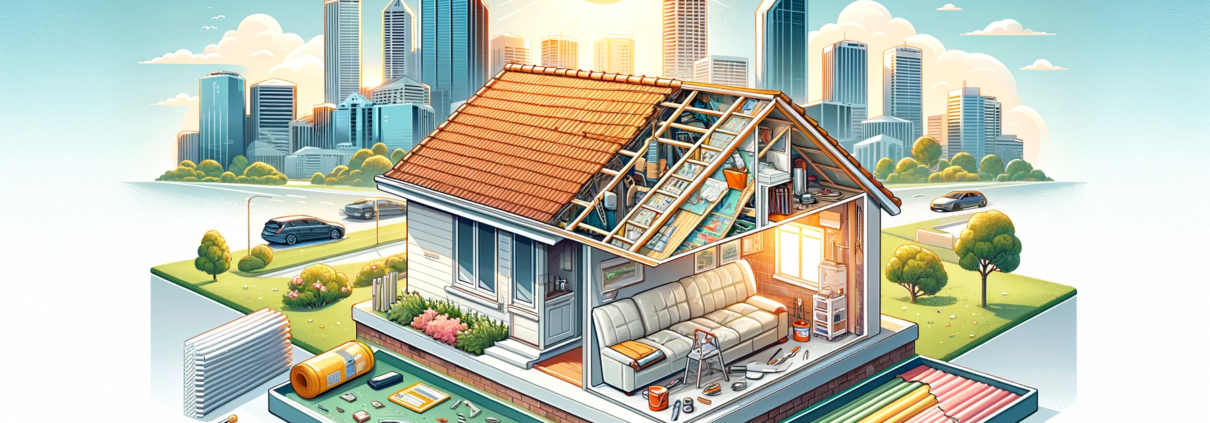 An illustrative horizontal image showcasing various aspects of property maintenance. The scene includes a sunny Perth skyline in the background, with