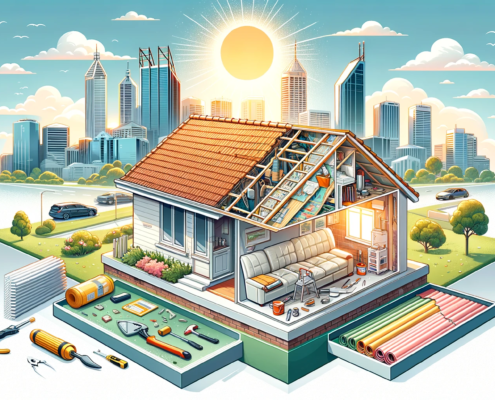 An illustrative horizontal image showcasing various aspects of property maintenance. The scene includes a sunny Perth skyline in the background, with